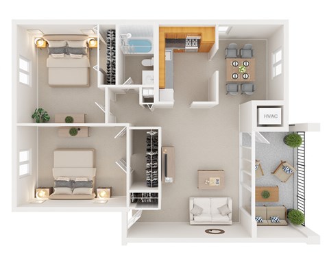 Floor plan for 2 beds, 1 bath, 875 sqft